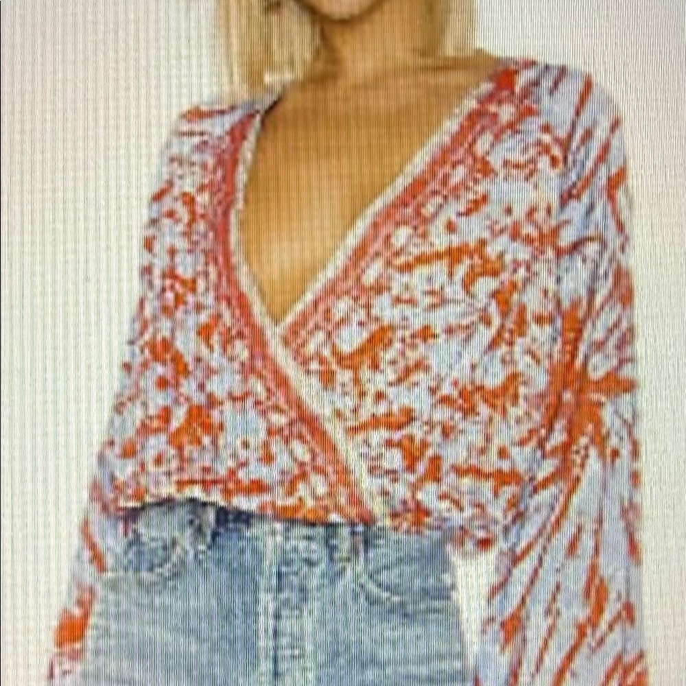Free People Cruisin Together wrap blouse Coral and Light Blue